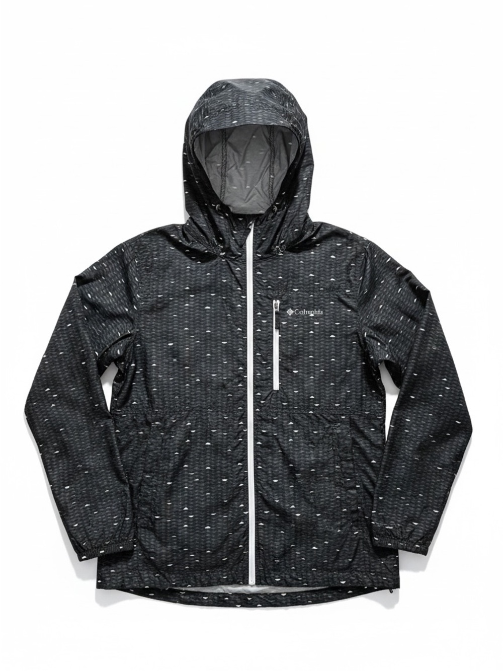 Men’s large Columbia Black & White design  Hooded Windbreaker.Toggled waist